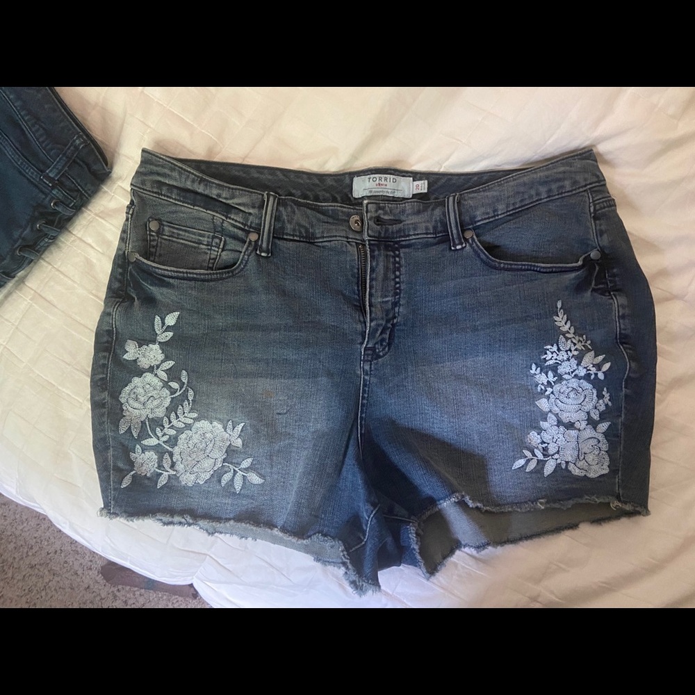 Tired frayed hem shorts with floral embroidery
